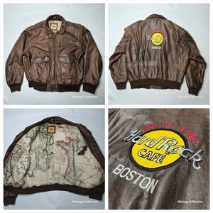 VINTAGE HARD ROCK CAFE BOSTON BROWN LEATHER BOMBER FLIGHT JACKET MAP LINED Sz XL